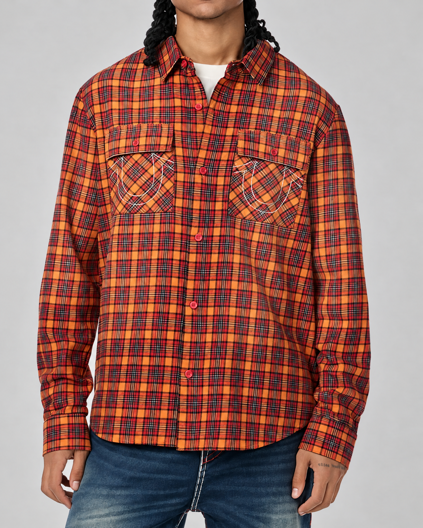 LS SPRAYED FLANNEL - RED / ORANGE PLAID