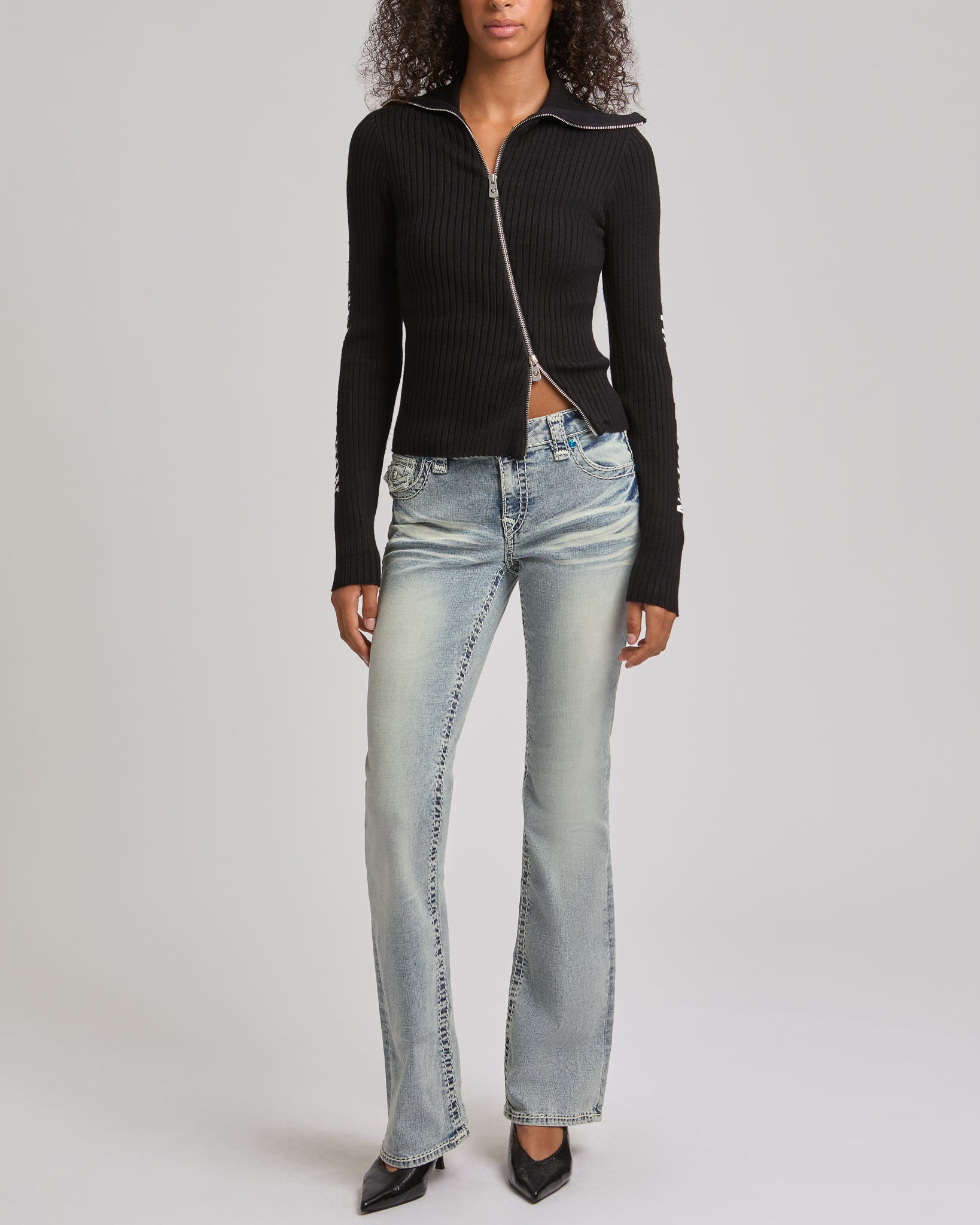 EMBROIDERED ASYM ZIP SWEATER - JET BLACK